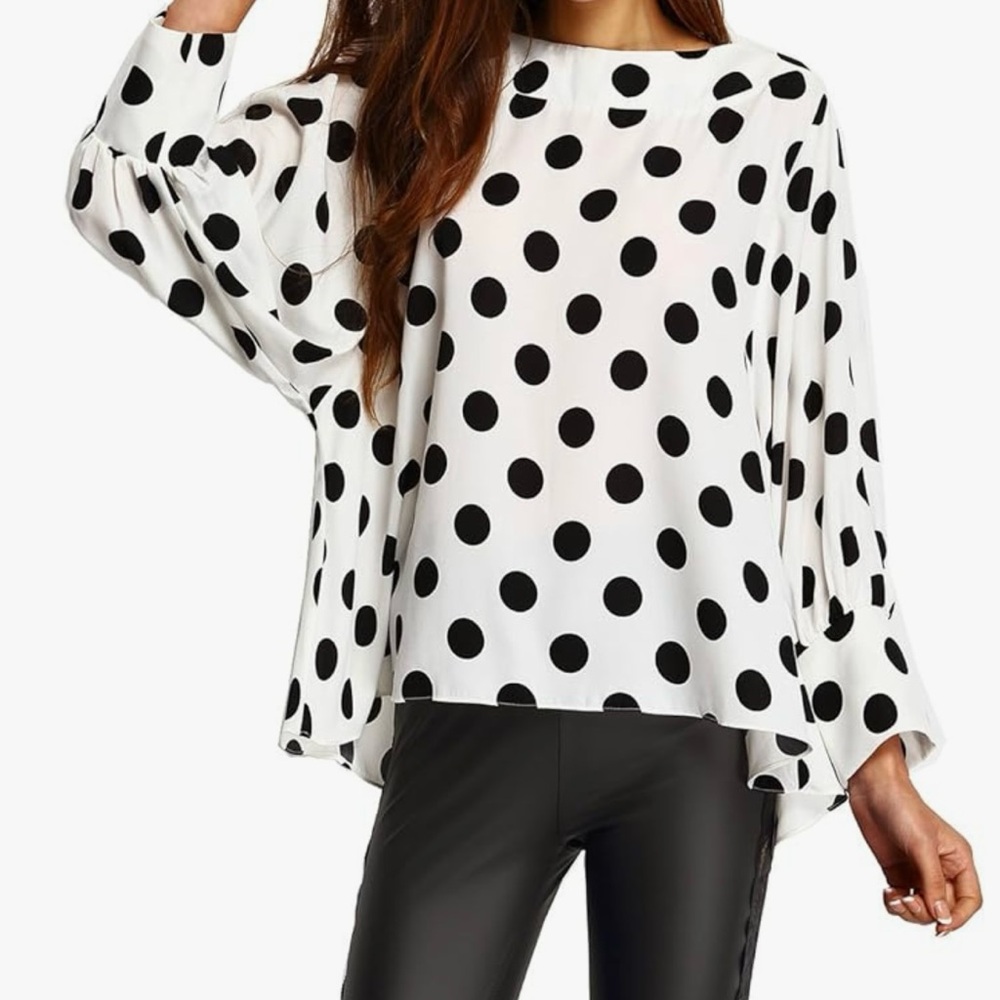Black/white polkadot bat wing sleeve blouse, Large